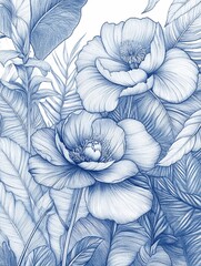Intricate Blue Line Drawing of a Tropical Garden with Peonies
