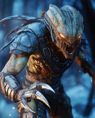 A fierce, reptilian creature with glowing eyes and sharp claws.