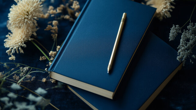 Navy blue notebooks with gold pen and floral decor