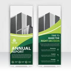 Modern design of annual report display stands showcasing professional graphics in an office environment