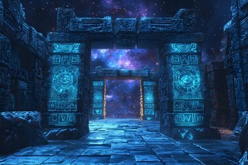 Futuristic Aztec Gateway with Ancient Symbols and Cosmic Nebulae