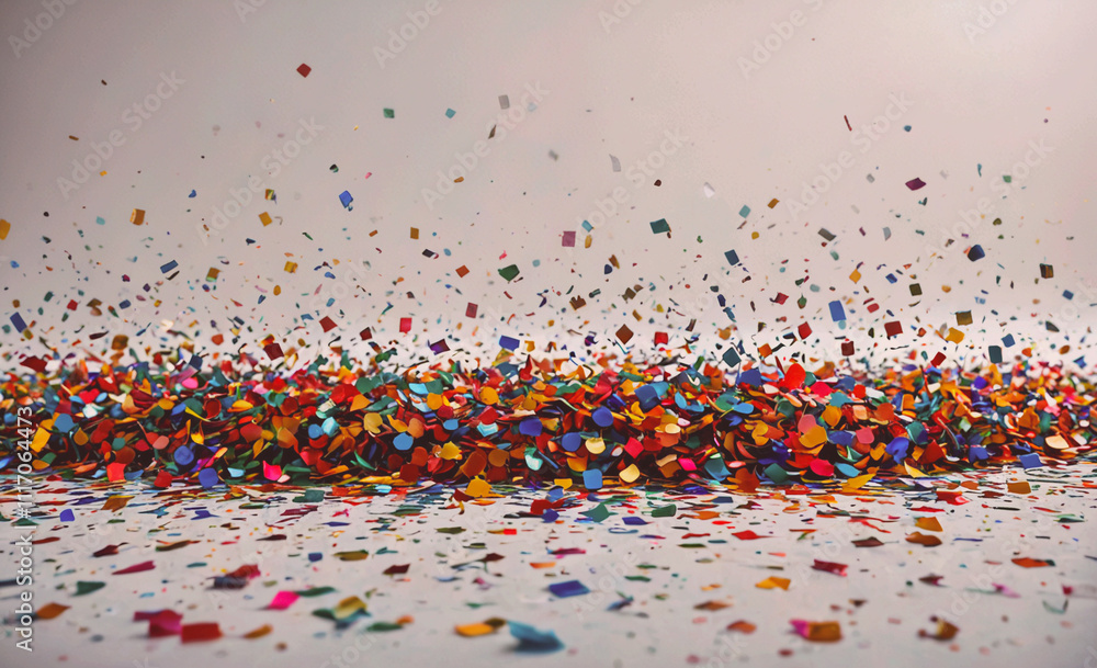 Poster colorful pile of confetti on a white background. the confetti is in various colors and sizes