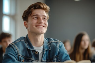 A young man in a classroom smiling as he listens attentively