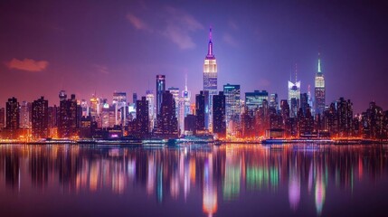 Obraz premium Vibrant city skyline at night with reflections on water.