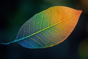 A vibrant, colorful leaf showcasing intricate vein patterns.