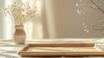 Focused view of a wooden tray paired with a dried flower, set against a warm, earthy background. Luxury display platform for presenting cosmetics, skincare, or beauty items.