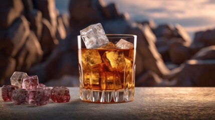 Glass of Whiskey with Ice Cubes on a Table with Rocks in the Background