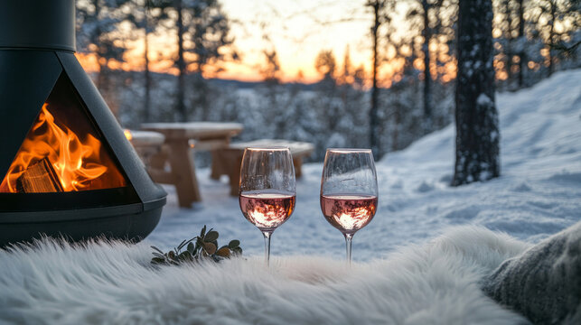 Two elegant glasses filled with pink wine sit beside a cozy fire as the sun sets over a tranquil winter landscape, blanketed in soft snow, offering a peaceful ambiance - Powered by Adobe