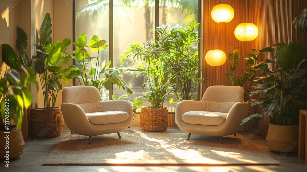 Aufkleber a bright and inviting seating area features two stylish armchairs surrounded by vibrant greenery and