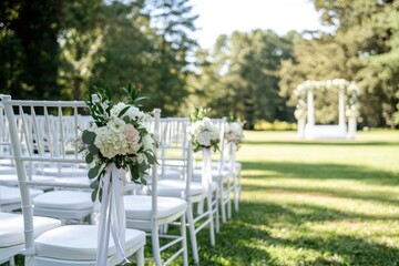Fototapeta premium Wedding setup featuring rows of white chairs adorned with delicate white flowers and ribbons