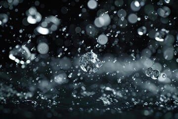 Close-up of water droplets splashing in a dark, blurred background.