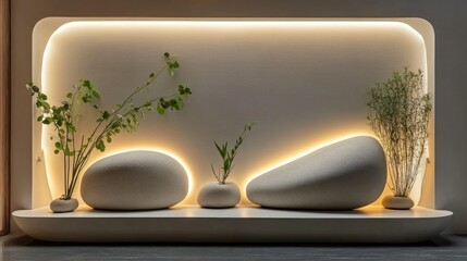 A minimalist, modern-style decorative painting with three irregularly shaped stones as the main compositional elements, set against a white background with LED lights on top. 