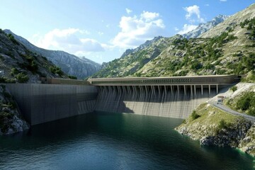 A large dam on a mountain lake surrounded by lush greenery.