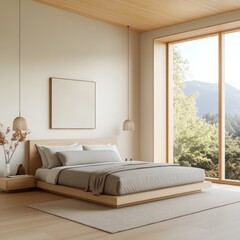 Modern Minimalist Bedroom Interior Design with Panoramic View.