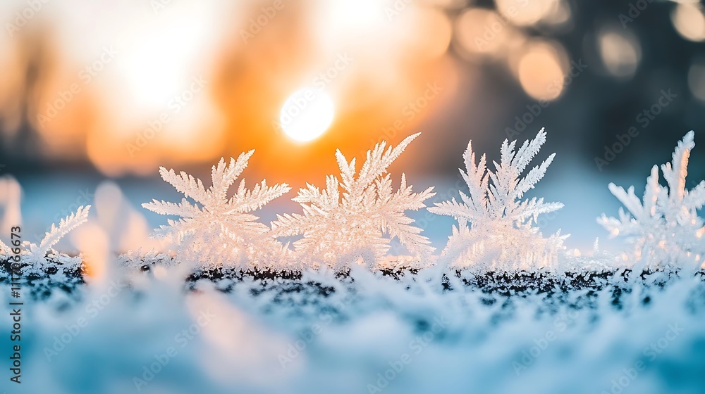 Poster close-up of delicate frost patterns on a surface at sunset.