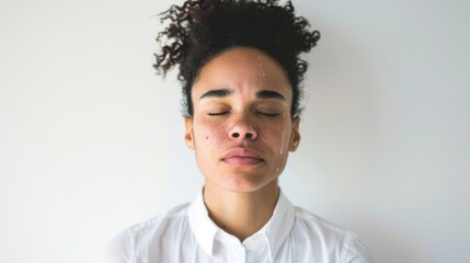 Obraz premium A woman with closed eyes, expressing emotion and vulnerability.