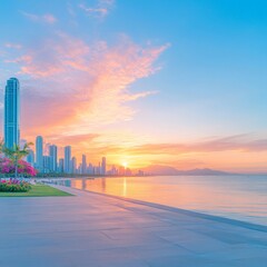 Obraz premium Serene Sunrise over Coastal Cityscape
