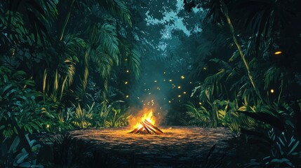 A serene jungle campsite with a glowing campfire surrounded by lush greenery and fireflies.