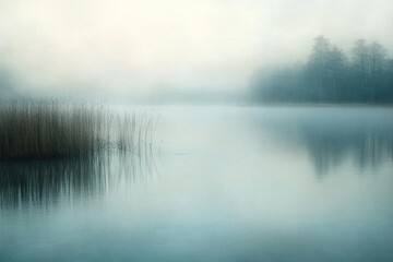 Fototapeta premium A serene misty lake surrounded by soft reflections and tall reeds.