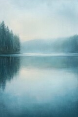 Fototapeta premium Serene lake scene with misty reflections and tranquil forest backdrop.