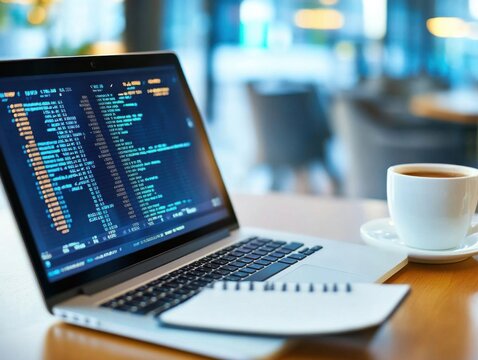 Laptop Shows Code, Programmer Drinks Coffee, Remote Work Concept