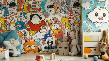 A vibrant children's playroom with colorful wall art and plush toys.