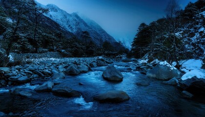 Dark mountain stream flows quietly, water whispering secrets over slick stones, moonbeams casting ethereal shadows on its liquid path.
