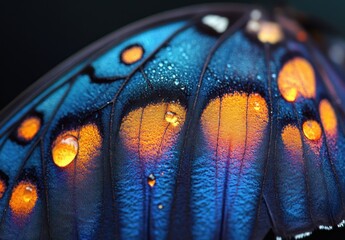 close up of bright colorful tropical morpho butterfly wing showcasing iridescent blue and purple patterns
