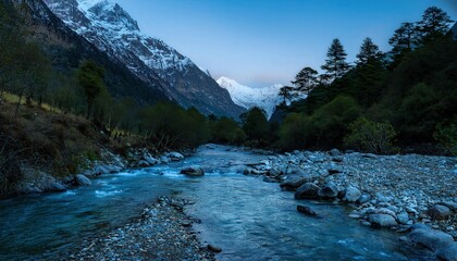 Mountain creek whispers through darkness, water dancing over ancient stones, moonlight painting silvery patterns on its restless surface.