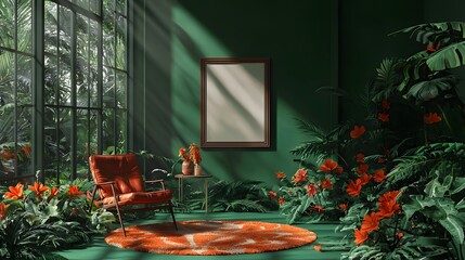 Mockup of hanging picture frame in retro interior full of sunlight and plants