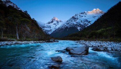 Moonlit creek winds quietly, cold currents sliding over ancient stones, carrying mountain's midnight breath through silent, shadowy landscapes.