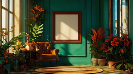 Mockup of hanging picture frame in retro interior full of sunlight and plants