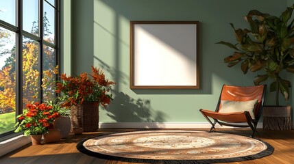 Mockup of hanging picture frame in retro interior full of sunlight and plants