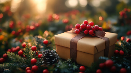 beautifully wrapped gift box adorned with red berries sits amidst lush green foliage, creating warm and festive atmosphere. soft sunlight enhances vibrant colors, evoking sense of joy and