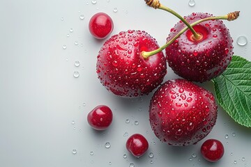 Three red cherries with a leaf on top