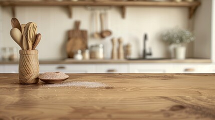 Wooden Utensils and Salt on a Kitchen Countertop