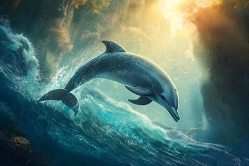 A majestic dolphin leaping out of turquoise ocean waters, droplets glistening in the sunlight.