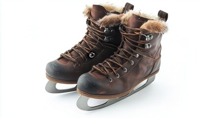 Vintage Brown Leather Ice Skates with Fur Trim: A Classic Winter Footwear for Ice Skating Enthusiasts