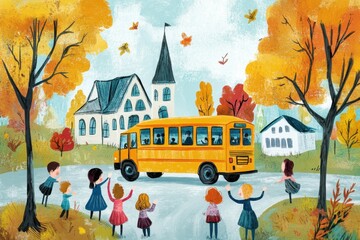 A cheerful scene of children waving at a yellow school bus in autumn.