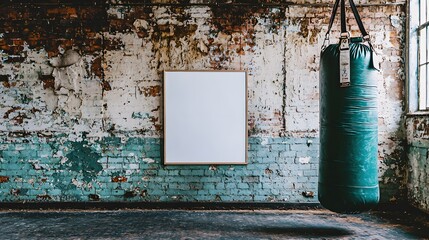 Mockup of brick wall building interior with hanging boxing bags and picture frames on the wall