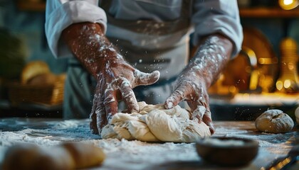 A baker kneads dough on a floured surface in a warm kitchen.