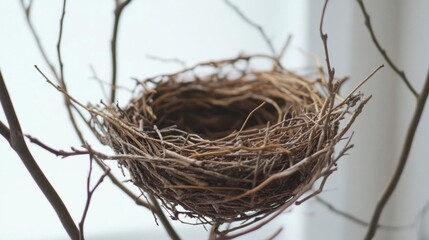 A close-up of a bird's nest made of twigs and branches.