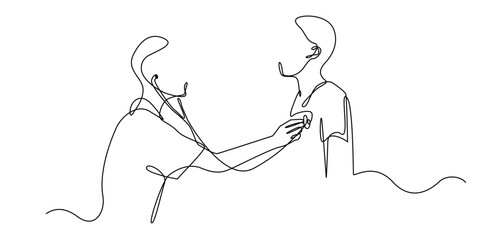 continuous line of doctor with stethoscope examining a man.one line drawing of heartbeat checking.single line of doctor working.isolated white background