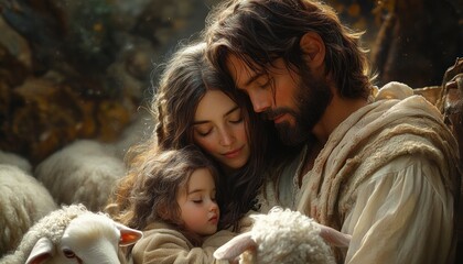 Nativity Family Scene with Mother Father Child and Sheep in Manger