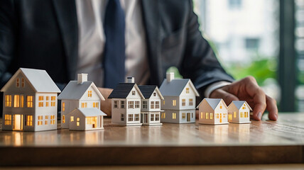 Business property, real estate and investment concept with investors and houses
