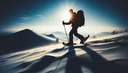 A snowshoer trekking across a winter landscape, silhouette, action photography, aesthetics,