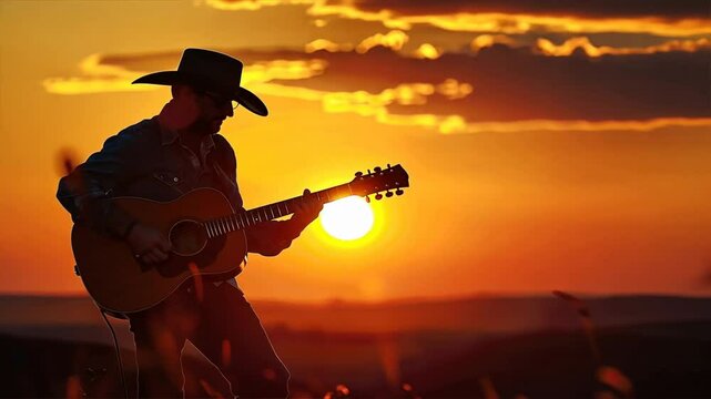 Silhouette of man playing guitar at sunset, capturing tranquility and connection to nature in serene outdoor landscape, embodying essence of country music and warm colors.