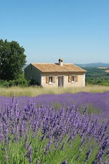 A serene house surrounded by blooming lavender fields under a clear sky.