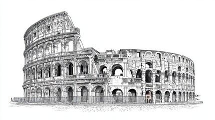 Detailed illustration of the iconic Roman Colosseum in black and white.