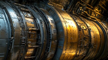 Close-up of a complex jet engine showcasing intricate metallic components.
